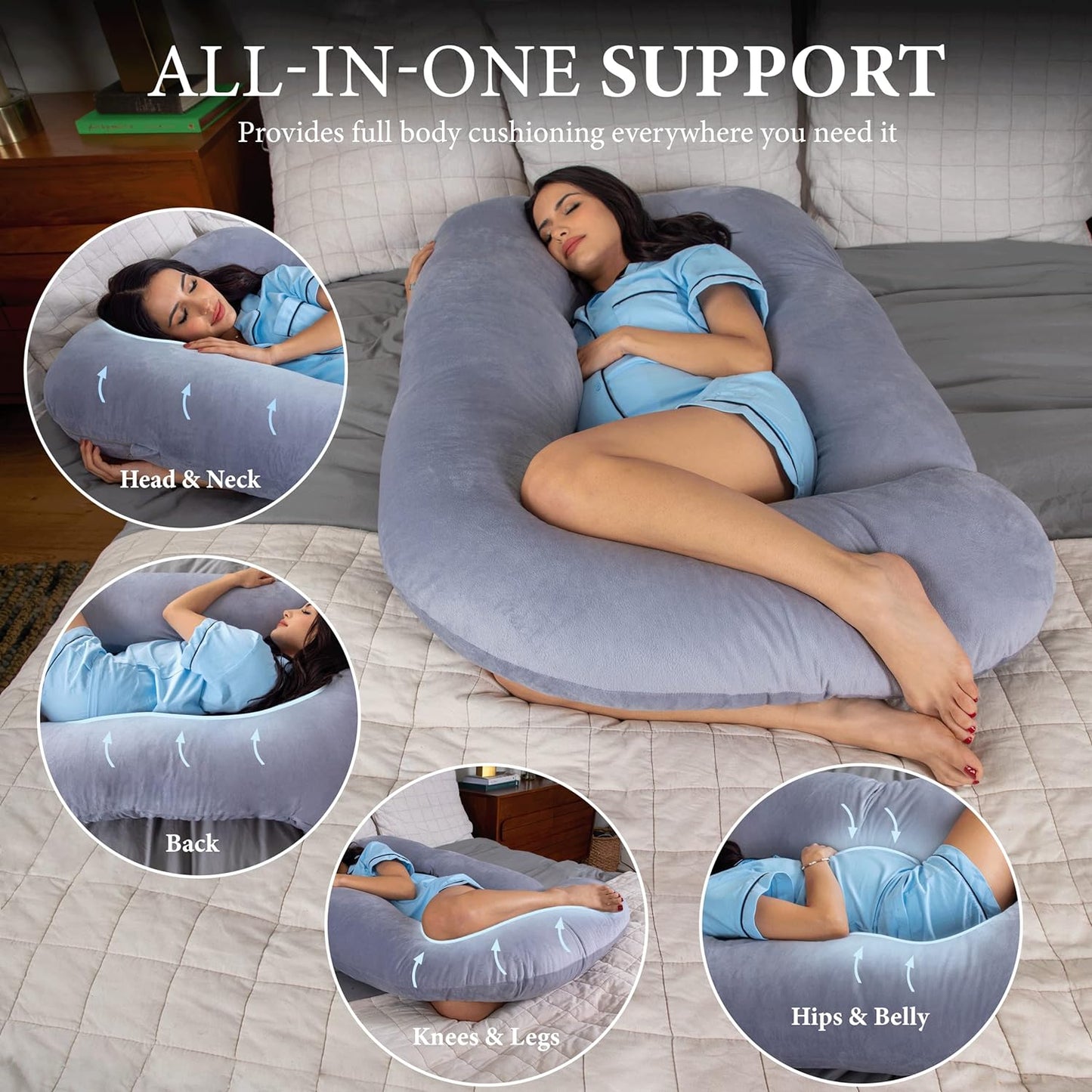 Pregnancy Pillows, U-Shape Full Body Pillow -Removable Cover Jumbo Size - Grey - Pregnancy Pillows for Sleeping - Body Pillows for Adults, Maternity Pillow and Pregnancy Must Haves