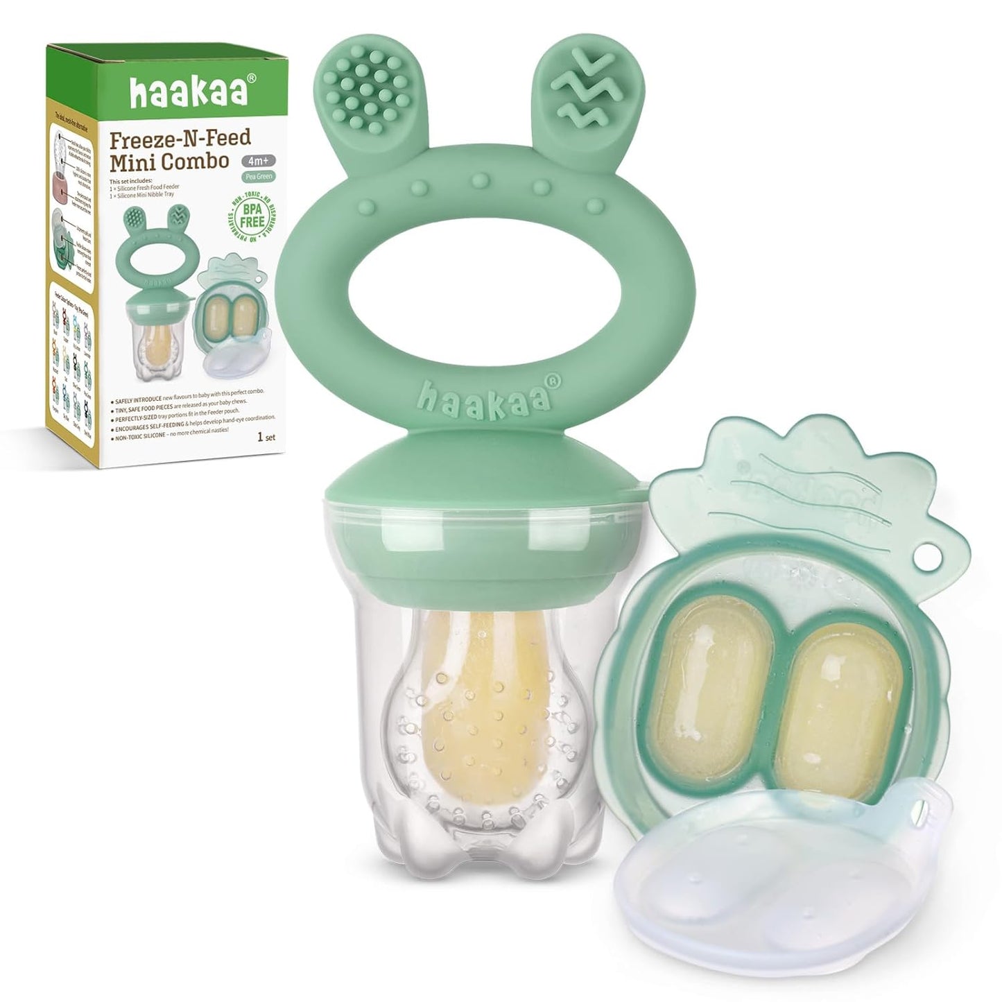 Baby Fruit Food Feeder & Mini Freezer Nibble Tray Combo, Breastmilk Popsicle Molds for Baby Cooling Relief, BPA Free Silicone Feeder for Safe Infant Self Feeding, 4 Month+ (Mustard)
