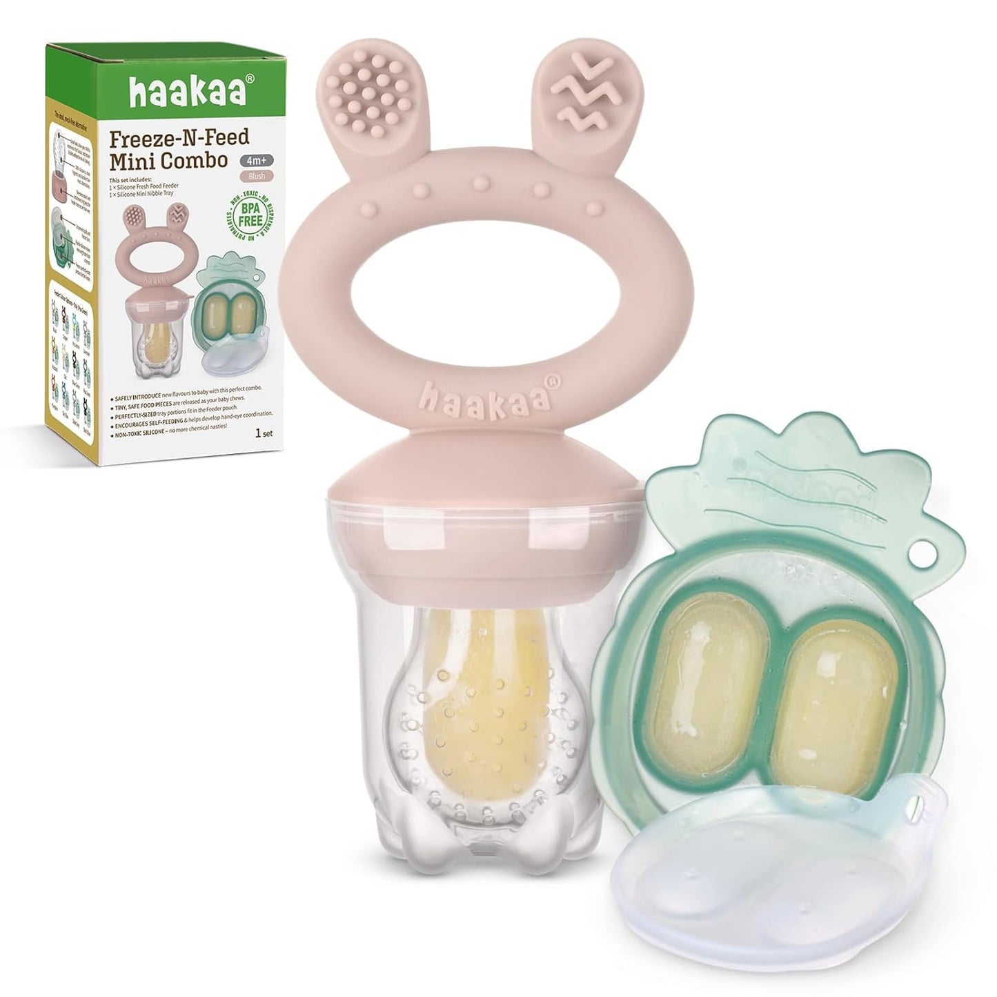 Baby Fruit Food Feeder & Mini Freezer Nibble Tray Combo, Breastmilk Popsicle Molds for Baby Cooling Relief, BPA Free Silicone Feeder for Safe Infant Self Feeding, 4 Month+ (Mustard)