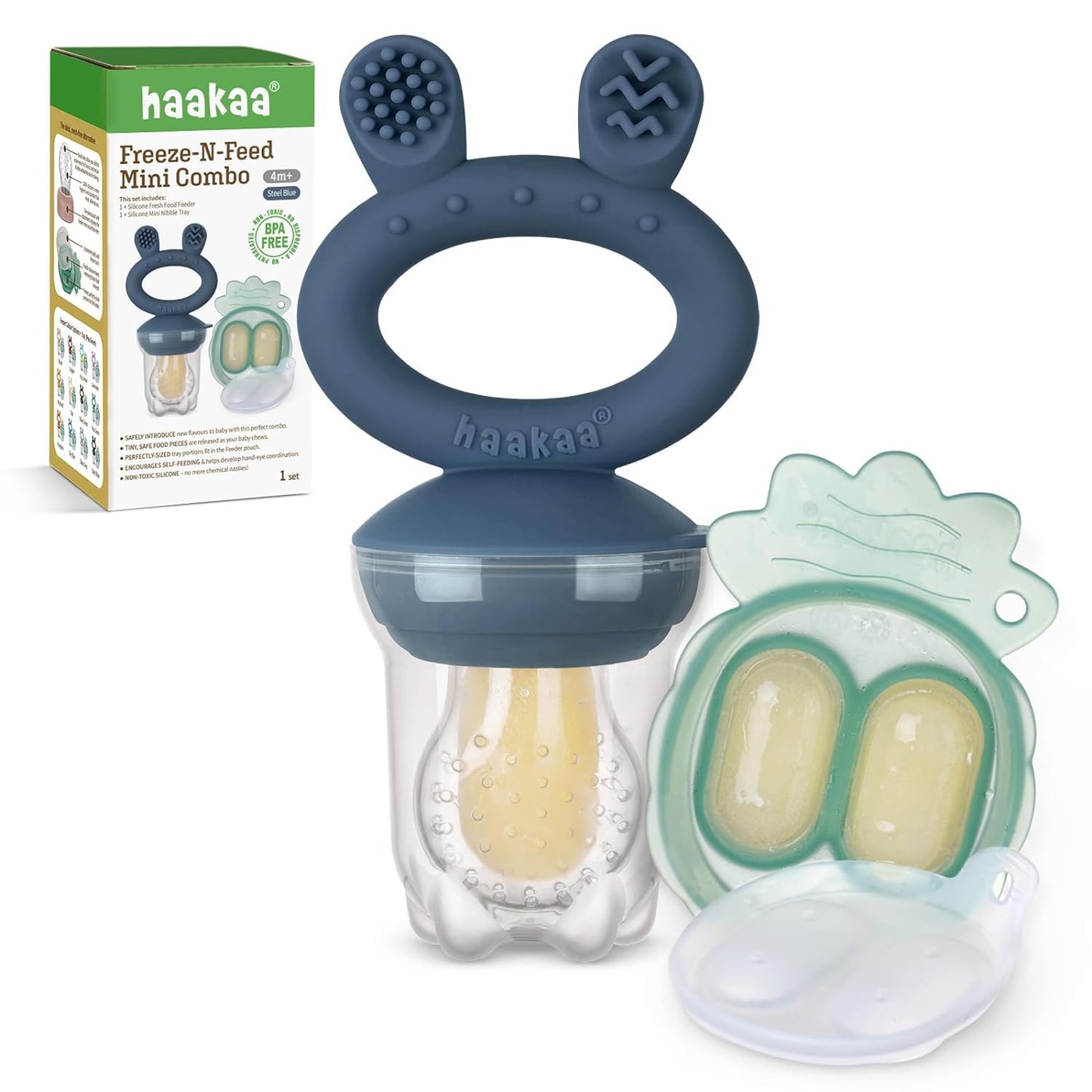 Baby Fruit Food Feeder & Mini Freezer Nibble Tray Combo, Breastmilk Popsicle Molds for Baby Cooling Relief, BPA Free Silicone Feeder for Safe Infant Self Feeding, 4 Month+ (Mustard)