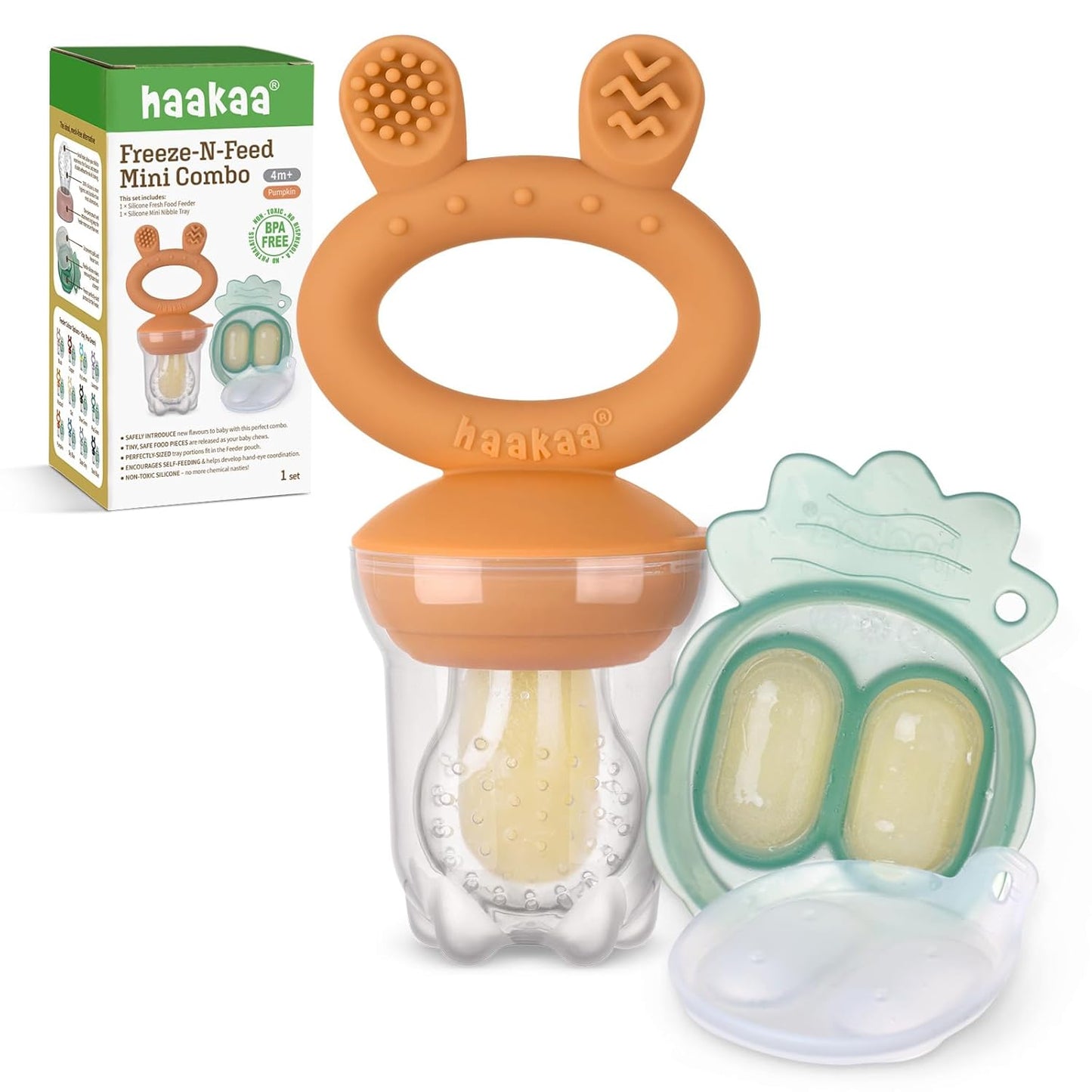 Baby Fruit Food Feeder & Mini Freezer Nibble Tray Combo, Breastmilk Popsicle Molds for Baby Cooling Relief, BPA Free Silicone Feeder for Safe Infant Self Feeding, 4 Month+ (Mustard)