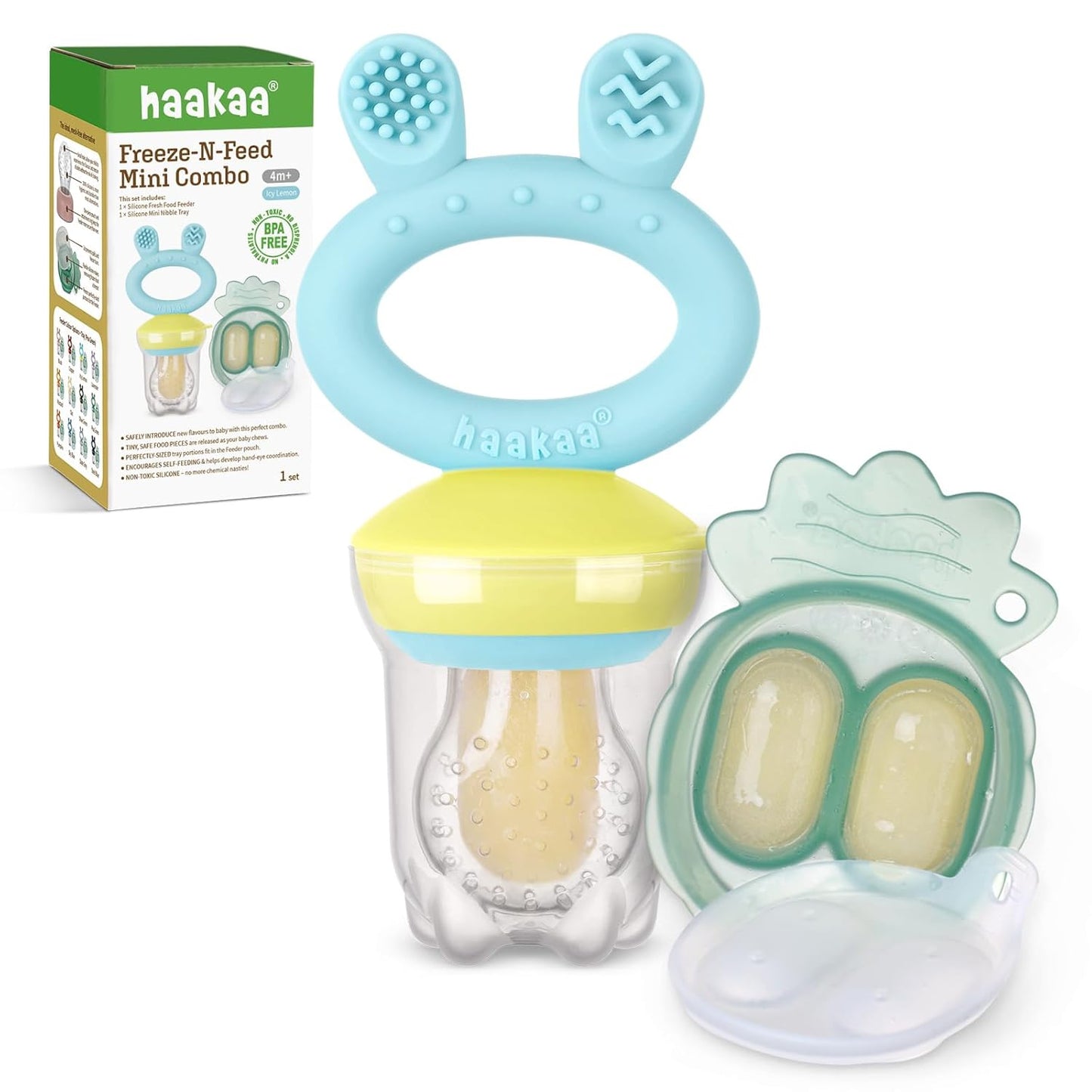 Baby Fruit Food Feeder & Mini Freezer Nibble Tray Combo, Breastmilk Popsicle Molds for Baby Cooling Relief, BPA Free Silicone Feeder for Safe Infant Self Feeding, 4 Month+ (Mustard)