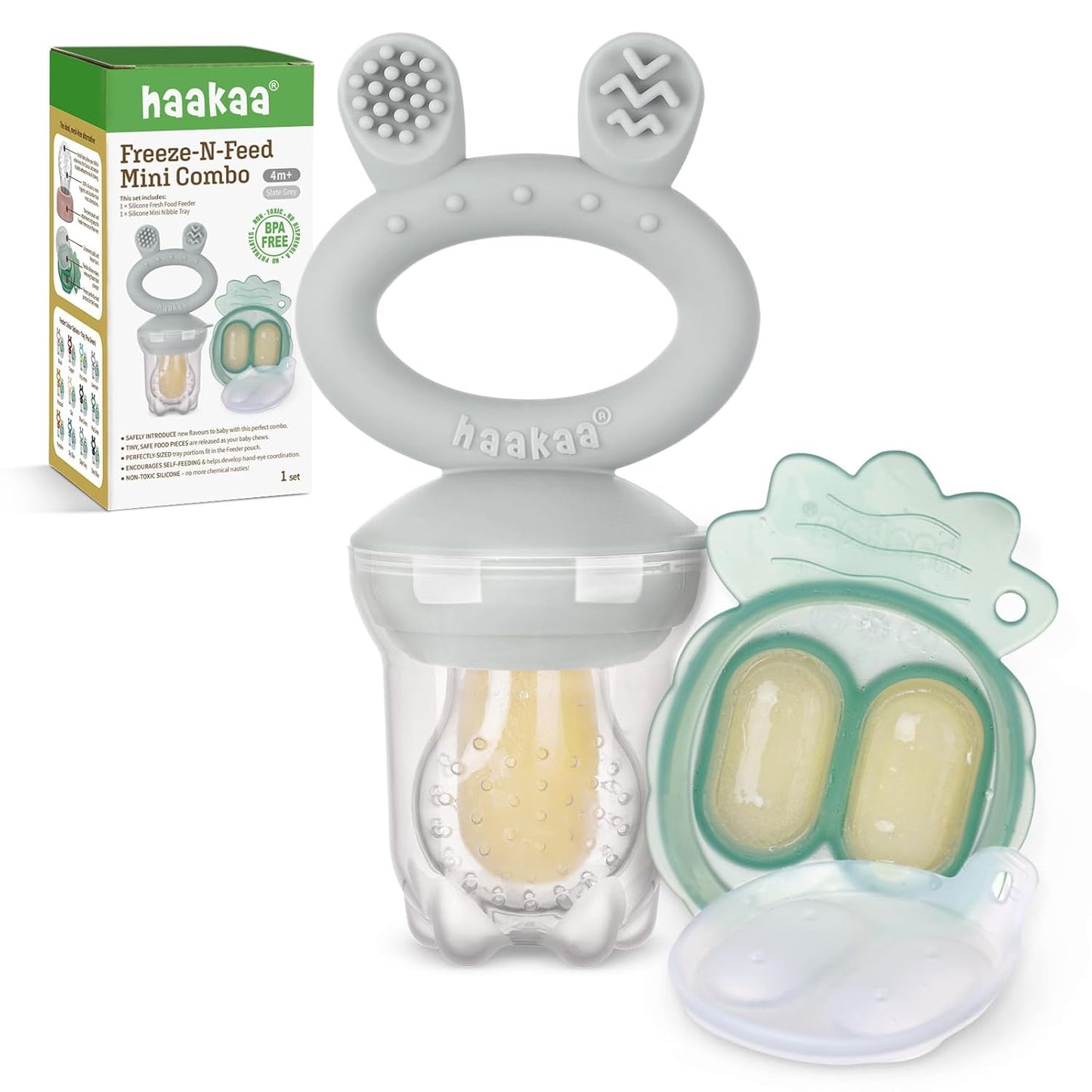 Baby Fruit Food Feeder & Mini Freezer Nibble Tray Combo, Breastmilk Popsicle Molds for Baby Cooling Relief, BPA Free Silicone Feeder for Safe Infant Self Feeding, 4 Month+ (Mustard)