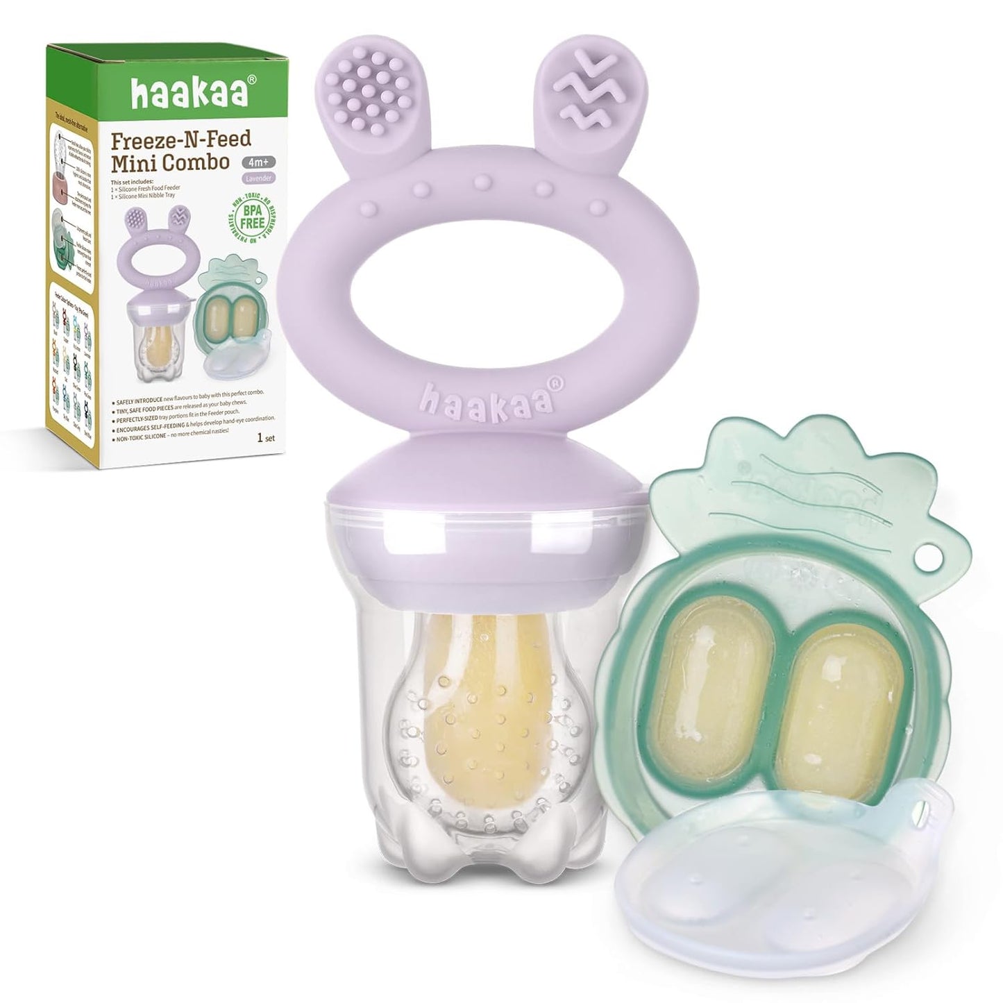 Baby Fruit Food Feeder & Mini Freezer Nibble Tray Combo, Breastmilk Popsicle Molds for Baby Cooling Relief, BPA Free Silicone Feeder for Safe Infant Self Feeding, 4 Month+ (Mustard)