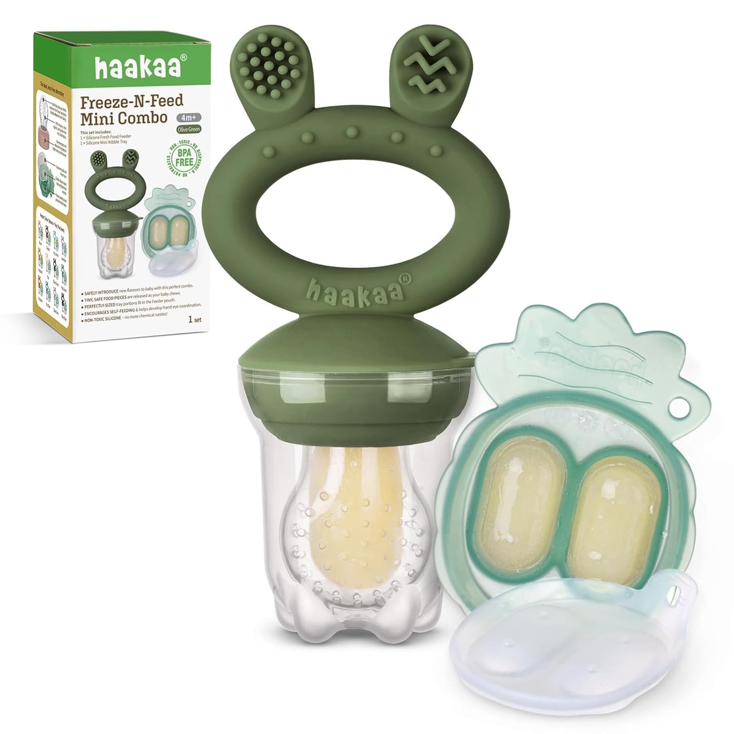 Baby Fruit Food Feeder & Mini Freezer Nibble Tray Combo, Breastmilk Popsicle Molds for Baby Cooling Relief, BPA Free Silicone Feeder for Safe Infant Self Feeding, 4 Month+ (Mustard)