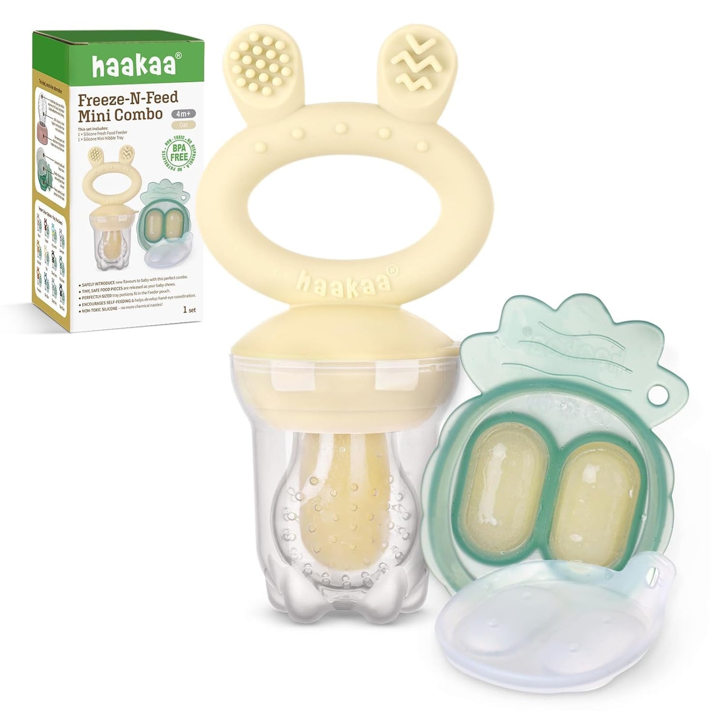 Baby Fruit Food Feeder & Mini Freezer Nibble Tray Combo, Breastmilk Popsicle Molds for Baby Cooling Relief, BPA Free Silicone Feeder for Safe Infant Self Feeding, 4 Month+ (Mustard)