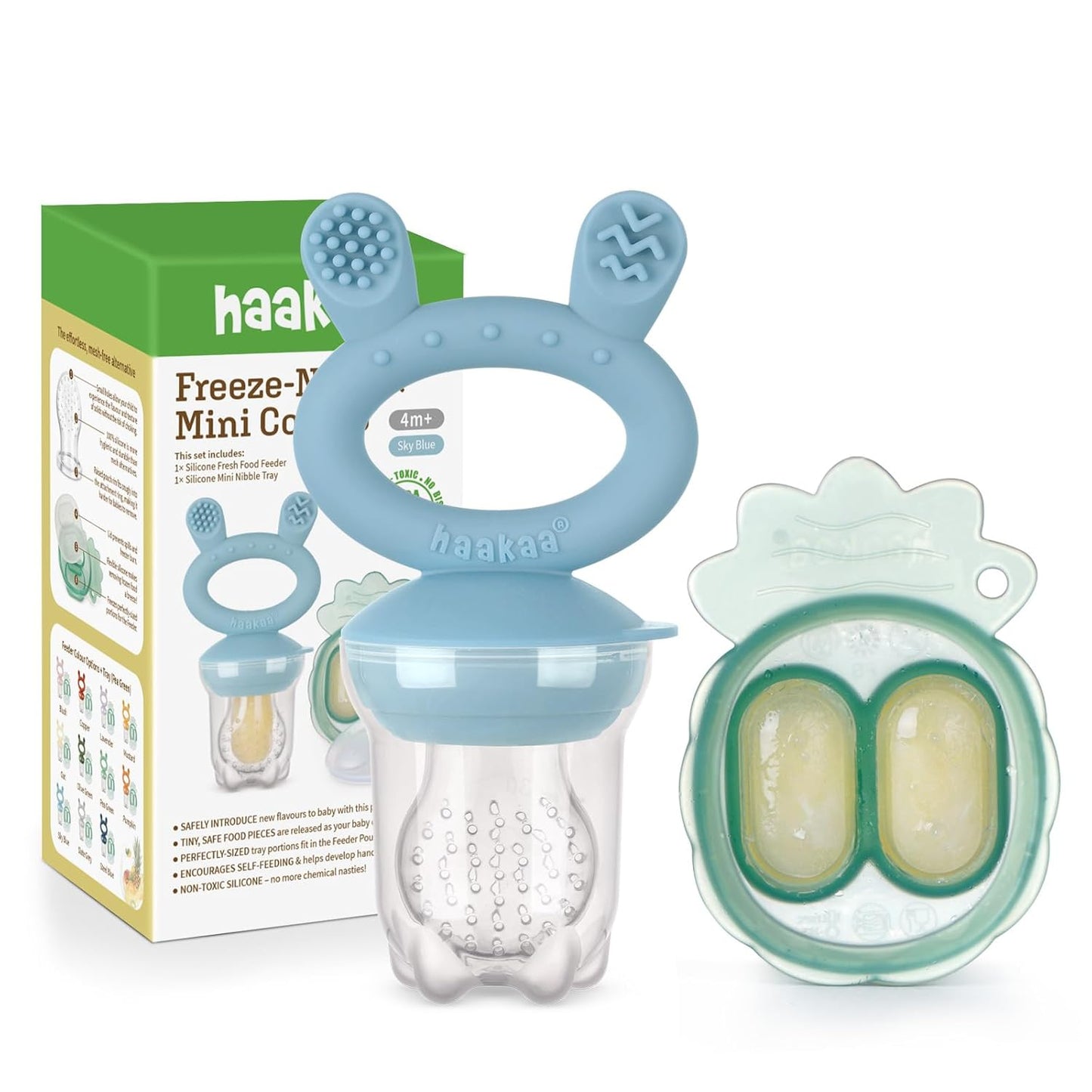 Baby Fruit Food Feeder & Mini Freezer Nibble Tray Combo, Breastmilk Popsicle Molds for Baby Cooling Relief, BPA Free Silicone Feeder for Safe Infant Self Feeding, 4 Month+ (Mustard)