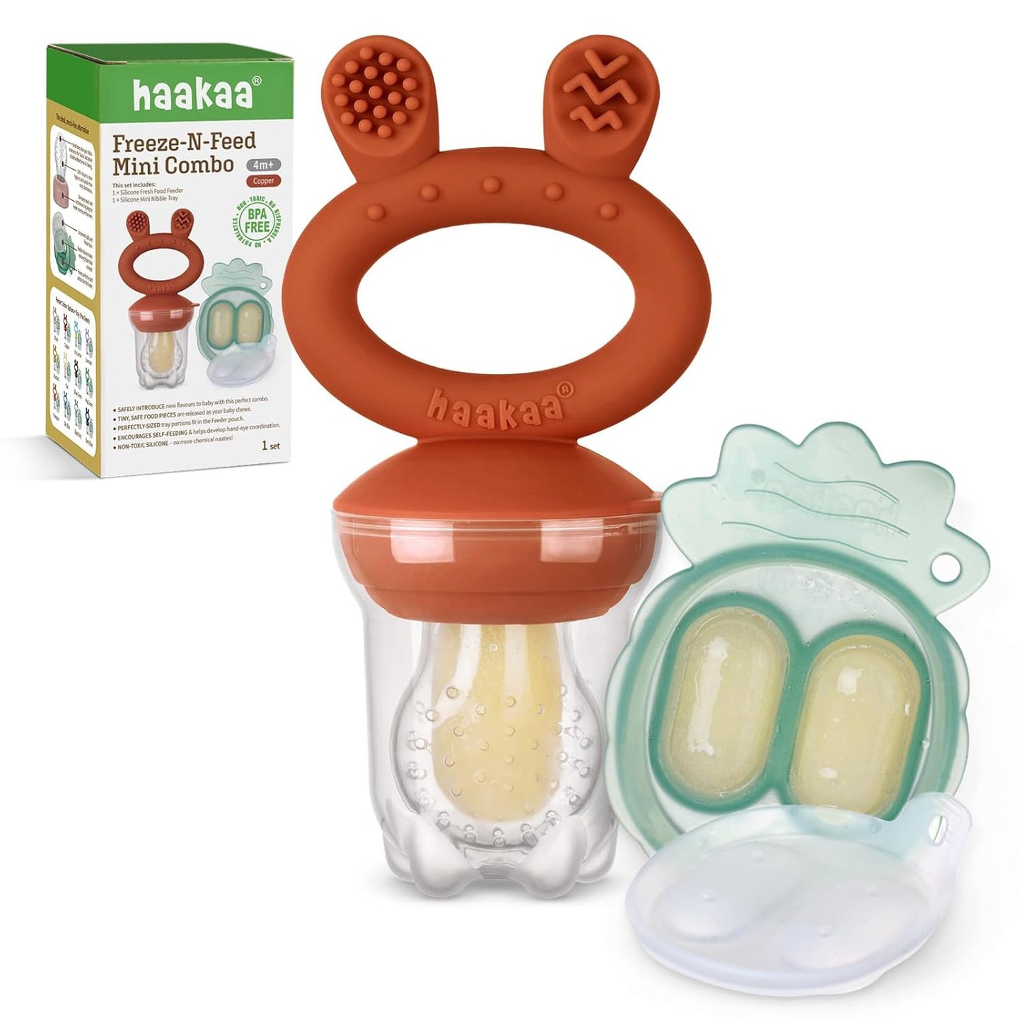 Baby Fruit Food Feeder & Mini Freezer Nibble Tray Combo, Breastmilk Popsicle Molds for Baby Cooling Relief, BPA Free Silicone Feeder for Safe Infant Self Feeding, 4 Month+ (Mustard)