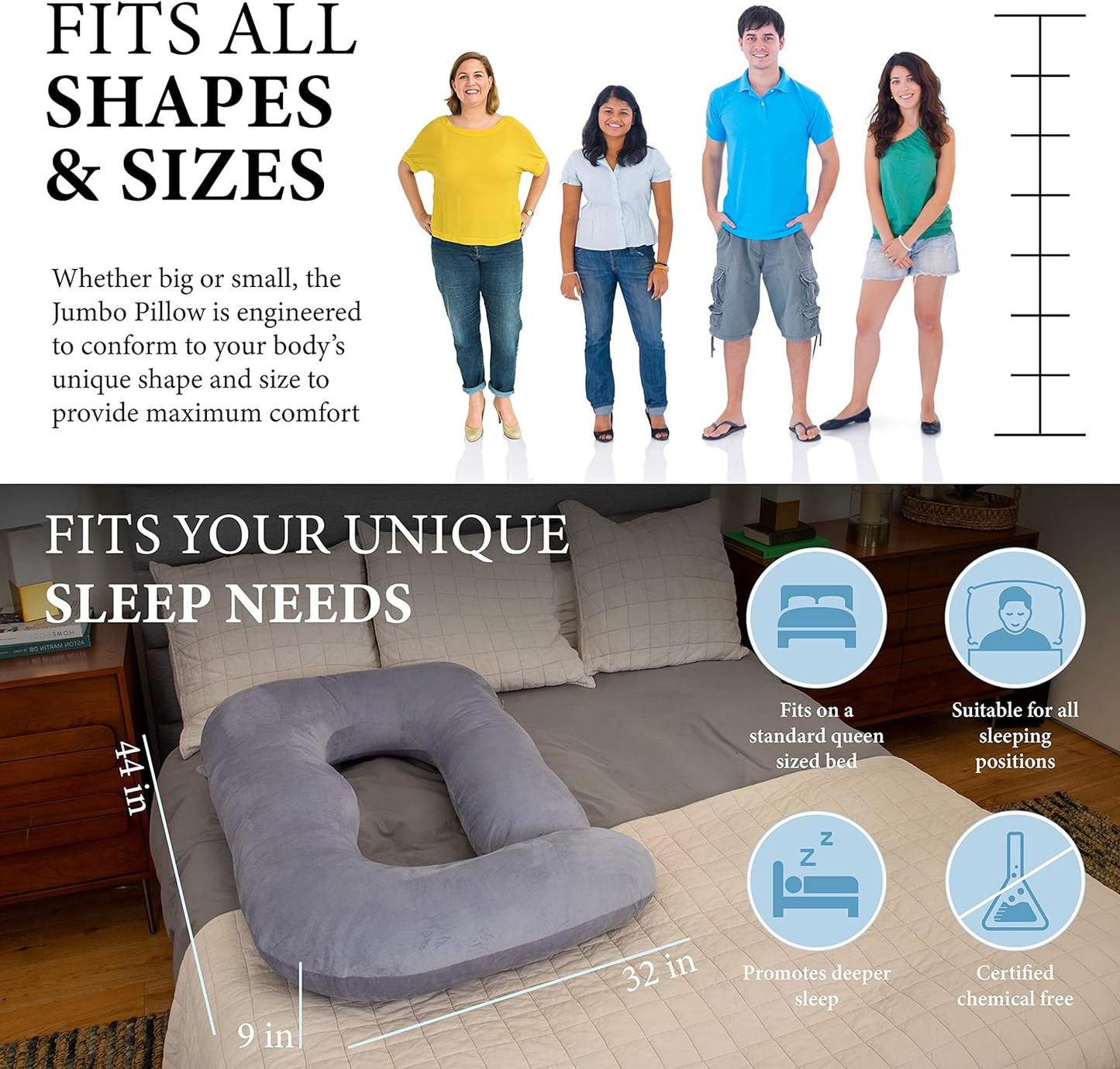 Pregnancy Pillows, U-Shape Full Body Pillow -Removable Cover Jumbo Size - Grey - Pregnancy Pillows for Sleeping - Body Pillows for Adults, Maternity Pillow and Pregnancy Must Haves