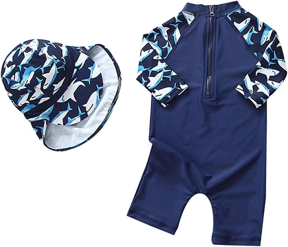 Baby Boys One-Piece Zipper Swimsuit with Hat