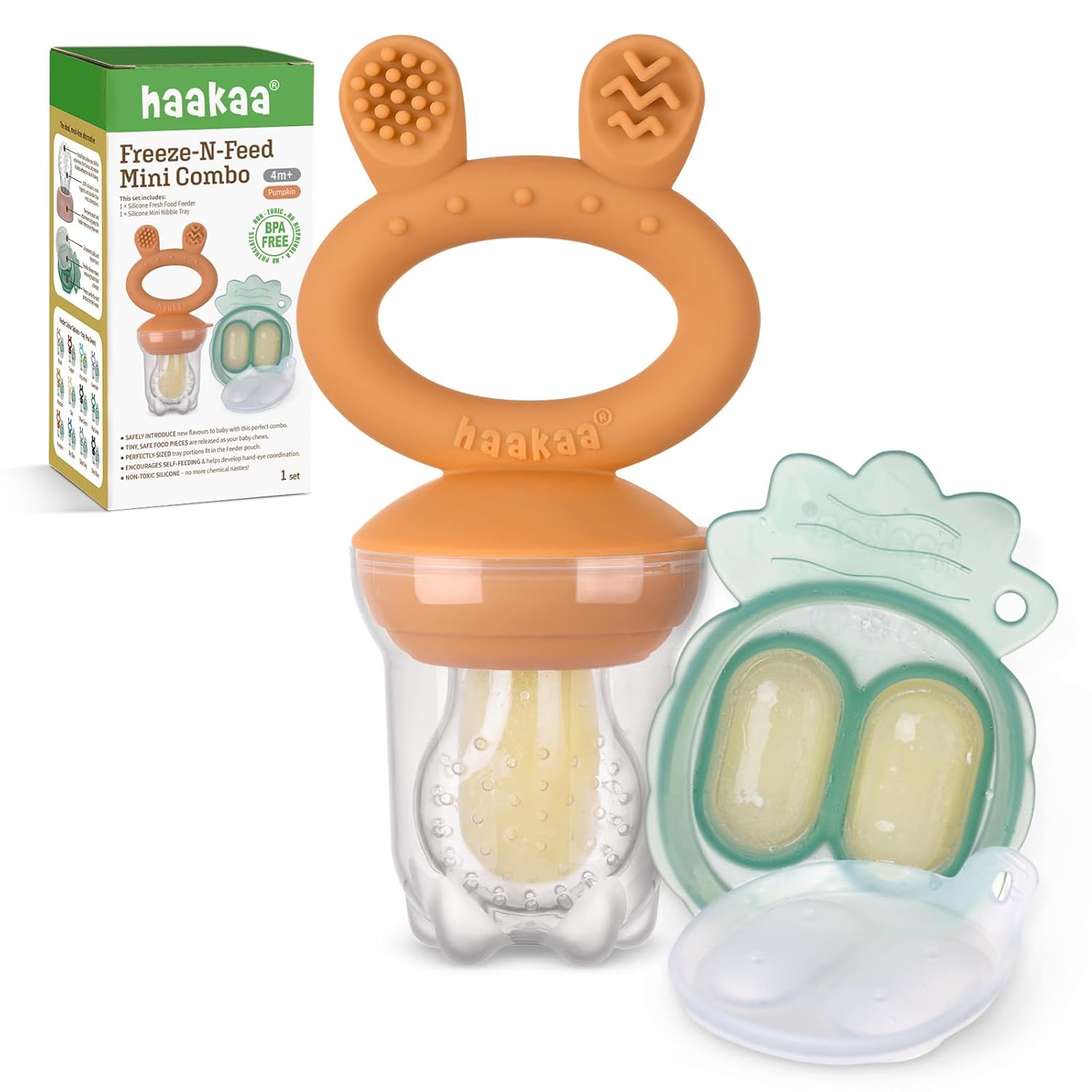 Baby Fruit Food Feeder & Mini Freezer Nibble Tray Combo, Breastmilk Popsicle Molds for Baby Cooling Relief, BPA Free Silicone Feeder for Safe Infant Self Feeding, 4 Month+ (Mustard)