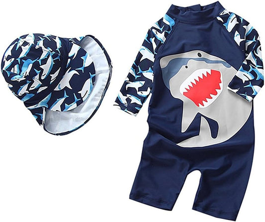 Baby Boys One-Piece Zipper Swimsuit with Hat