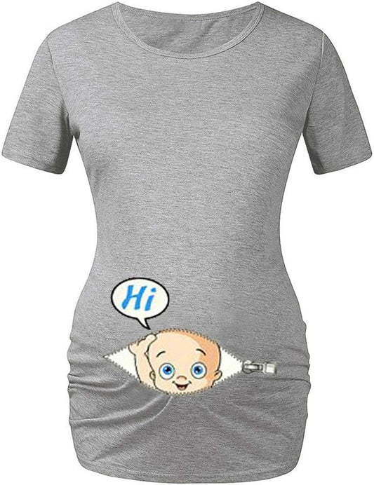 Women Maternity Short Sleeves T Shirts Funny Graphic Side Ruching Tee Cute Tops for Pregnancy