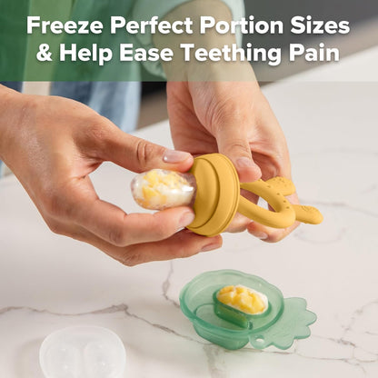 Baby Fruit Food Feeder & Mini Freezer Nibble Tray Combo, Breastmilk Popsicle Molds for Baby Cooling Relief, BPA Free Silicone Feeder for Safe Infant Self Feeding, 4 Month+ (Mustard)